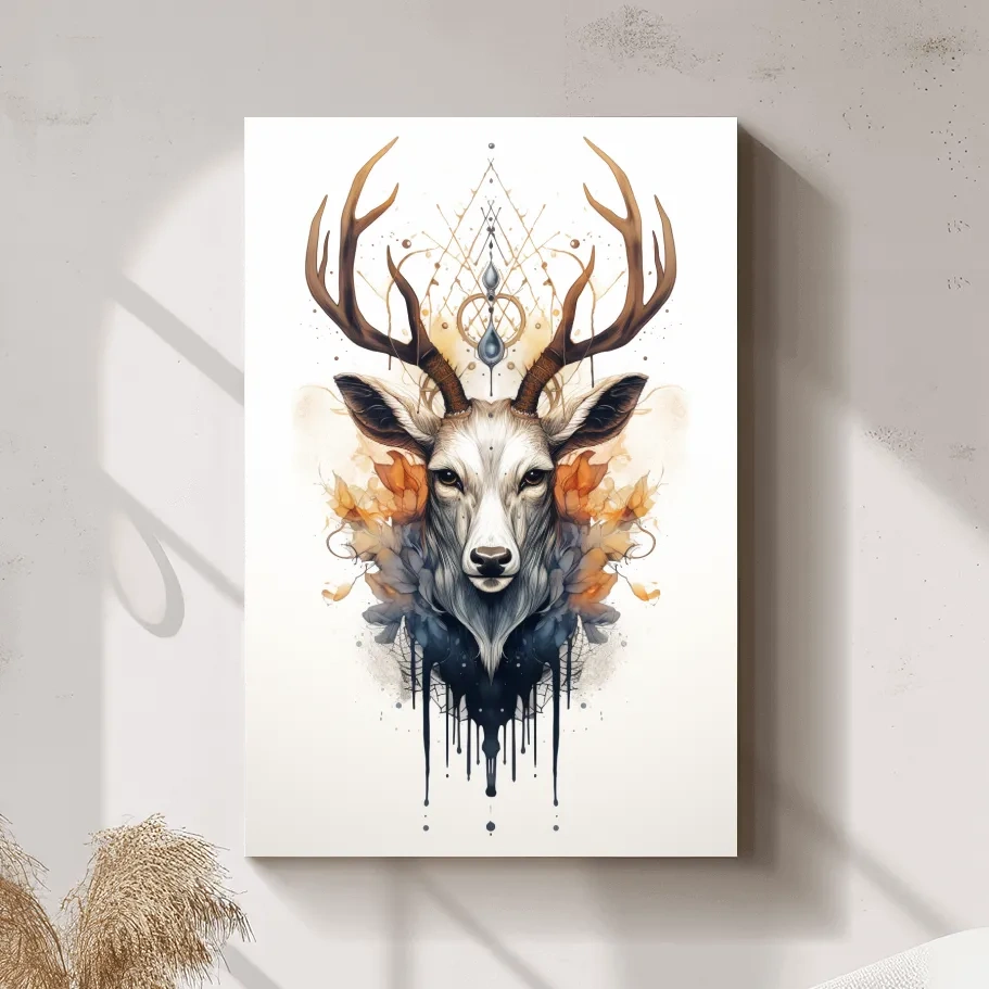 Ornate tribal style illustration of deer head with flowers