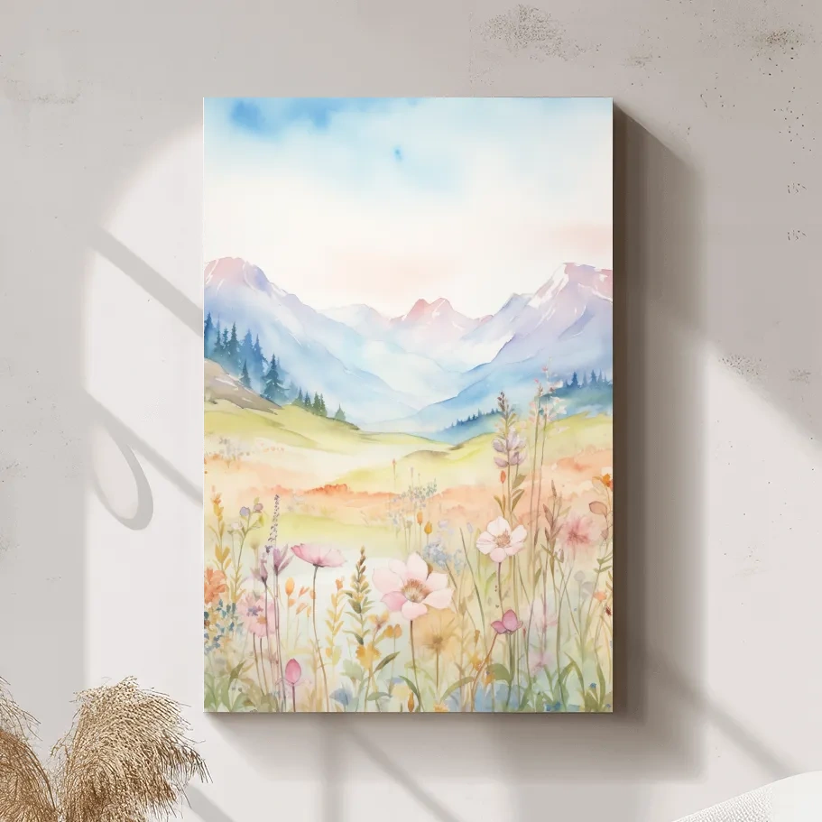 Watercolour painting of pastel flowers in the alpine meadows, floral artwork
