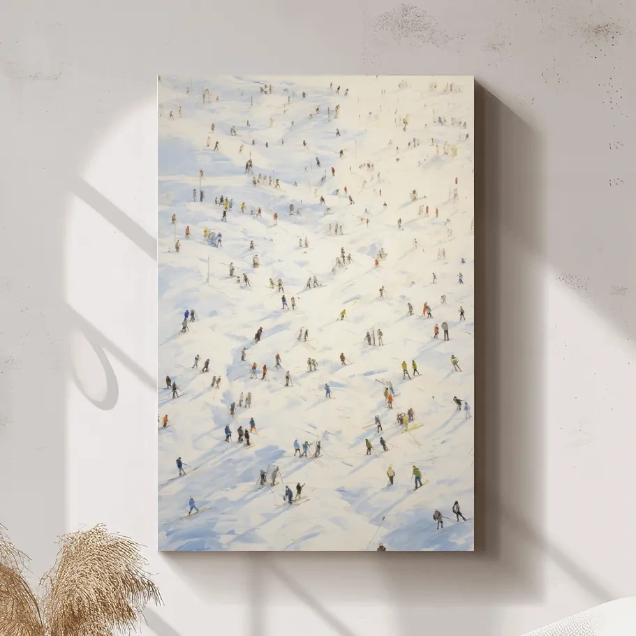 Painting of an aerial view of lots of skiers at a ski resort