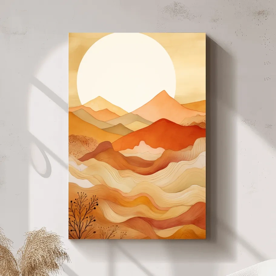 Watercolour illustration of mountain art shapes at sunset