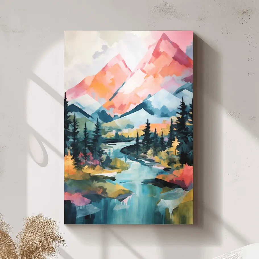 Vibrant Mountain River Landscape Painting - Colorful Alpine Forest Wall Art
