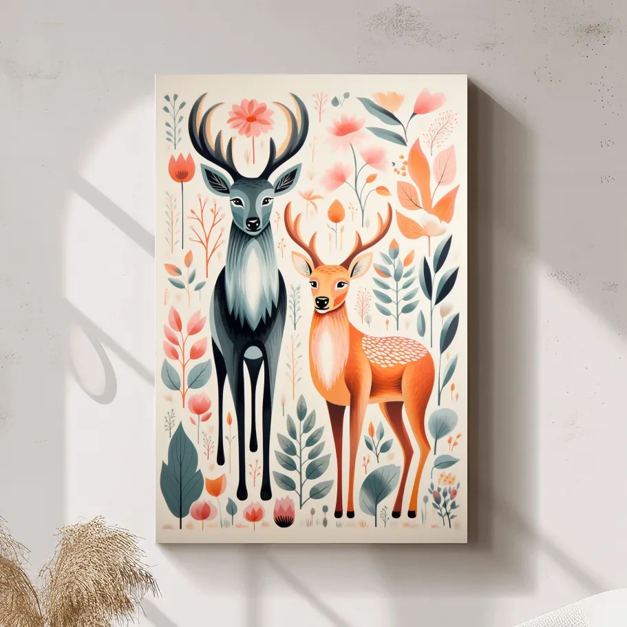 Flat colour vector print of deers and foliage, folk art style