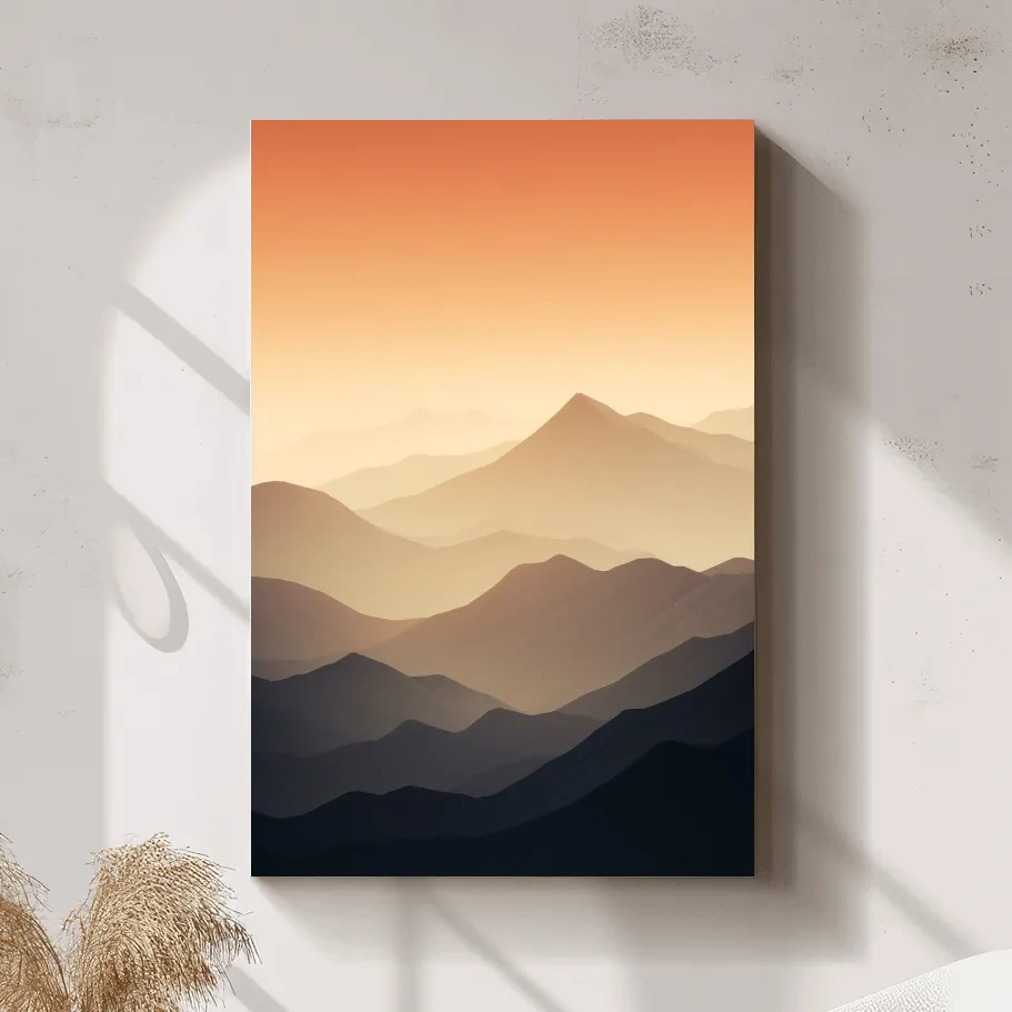 Subtle mountain sunset artwork, ridgelines fading into the sky
