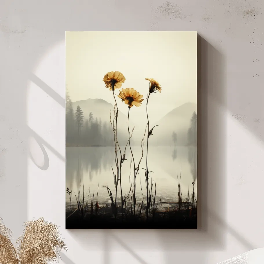Photographic illustration, flowers on the misty lake shore