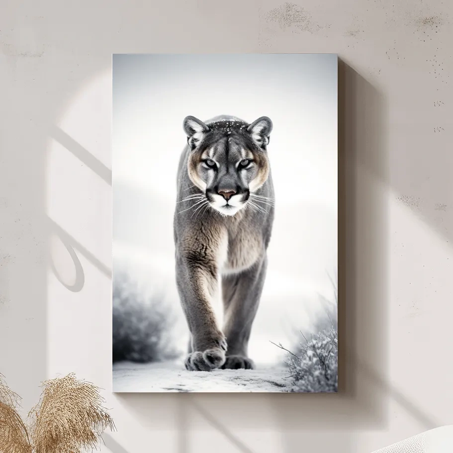 Photograph of a mountain lion walking in snow