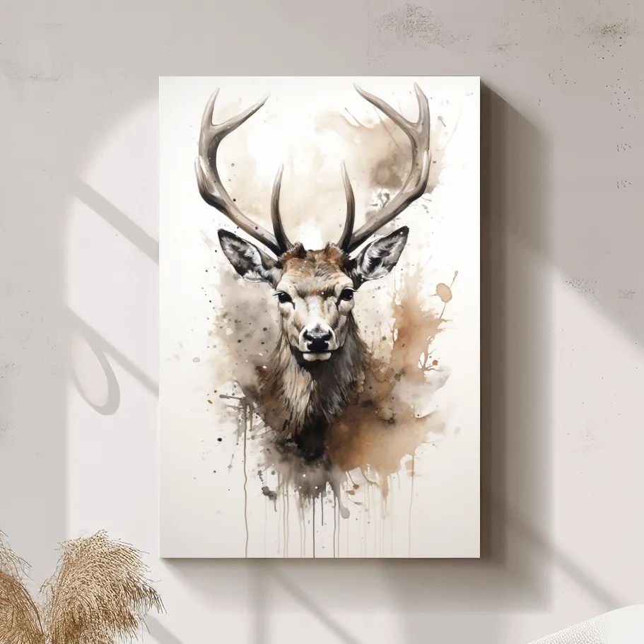 Splattered watercolour painting of a deers head