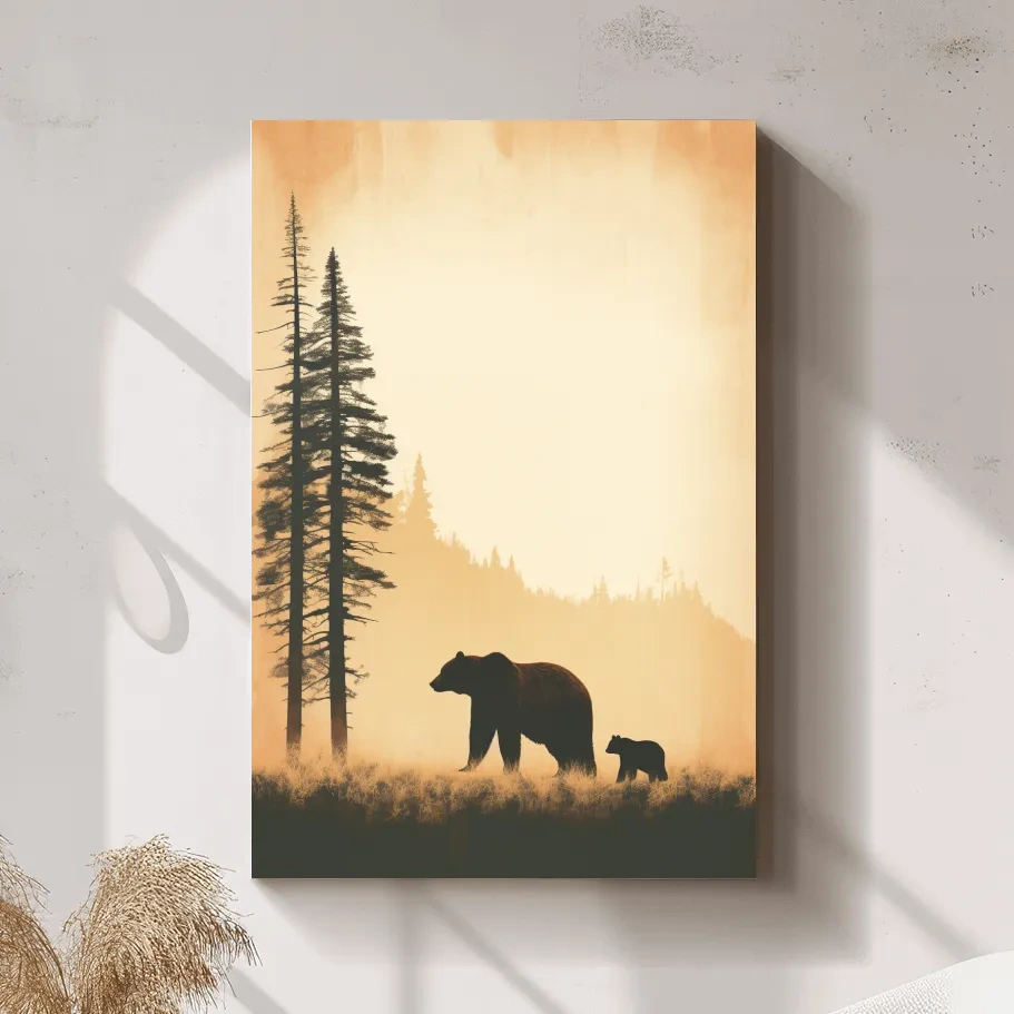 Momma bear and her cub, minimal illustration artwork