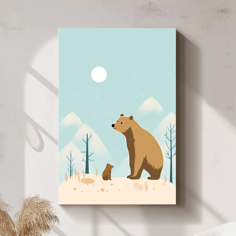 Minimal illustration art of a mama bear and her cub