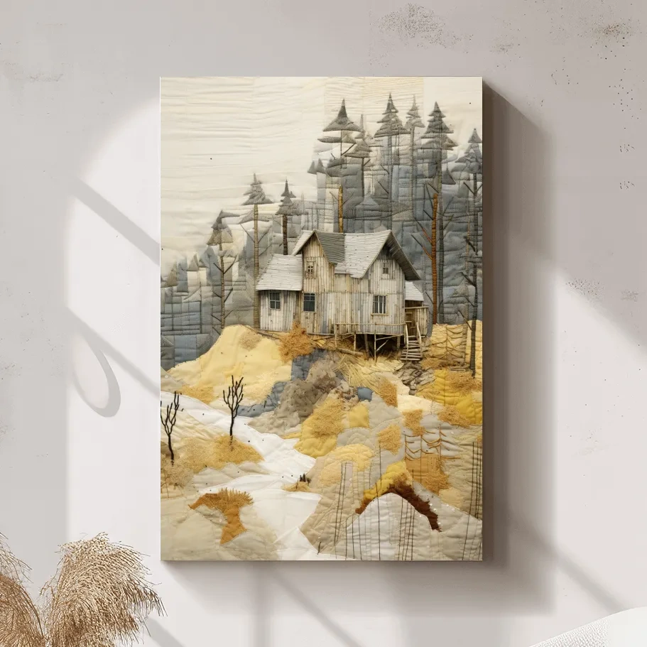 Cabin in the forest, fabric patchwork style art print
