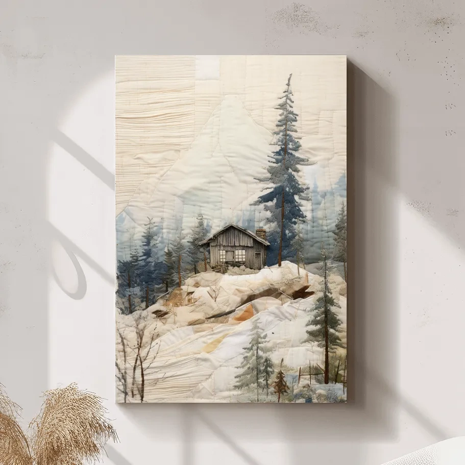Cabin in the alpine forest, patchwork fabric style mountain wall art