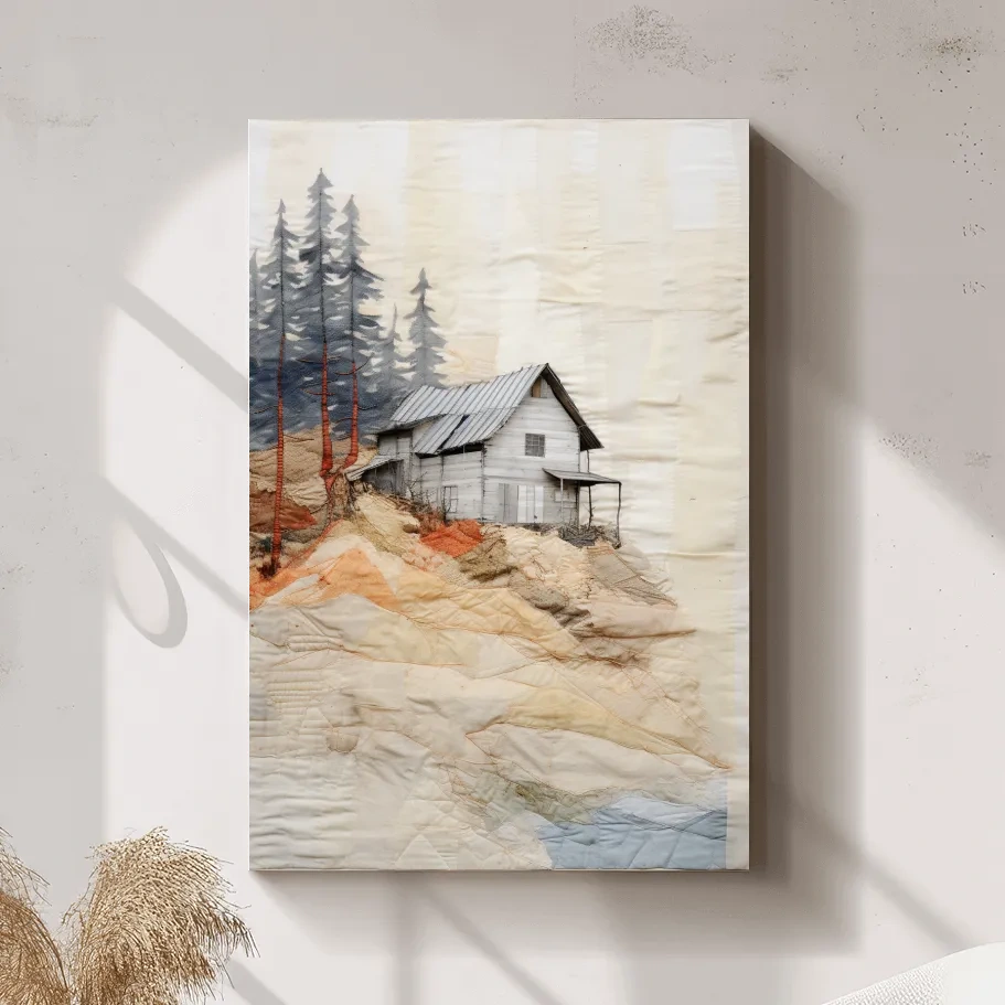 Rustic cabin artwork, fabric patchwork style