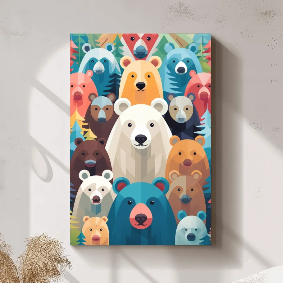 Illustration of colorful vibrant bears, childrens bedroom artwork