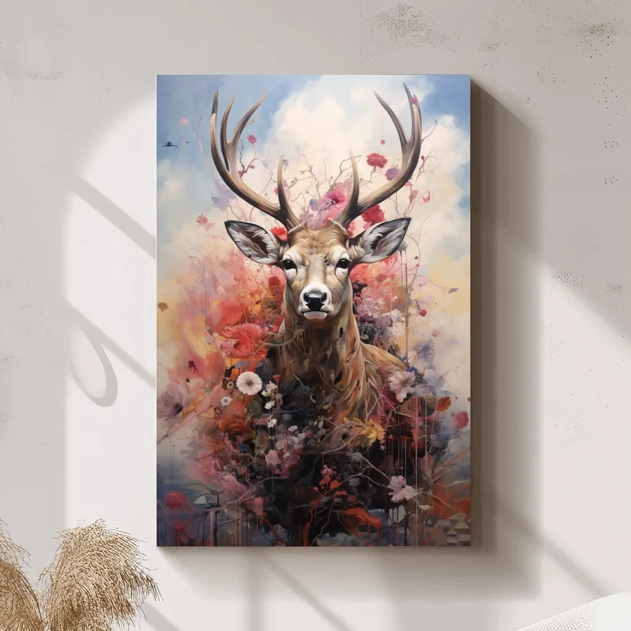 Painting of a deer head wrapped in flowers
