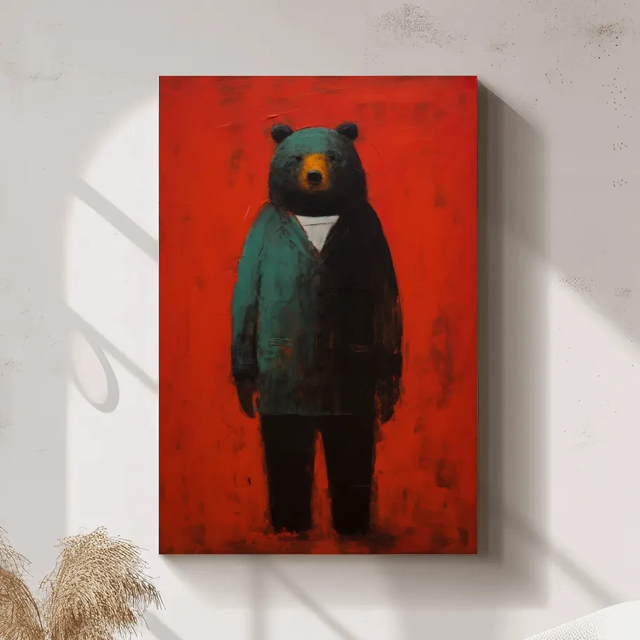 Bear wearing a suit, expressive textured painting