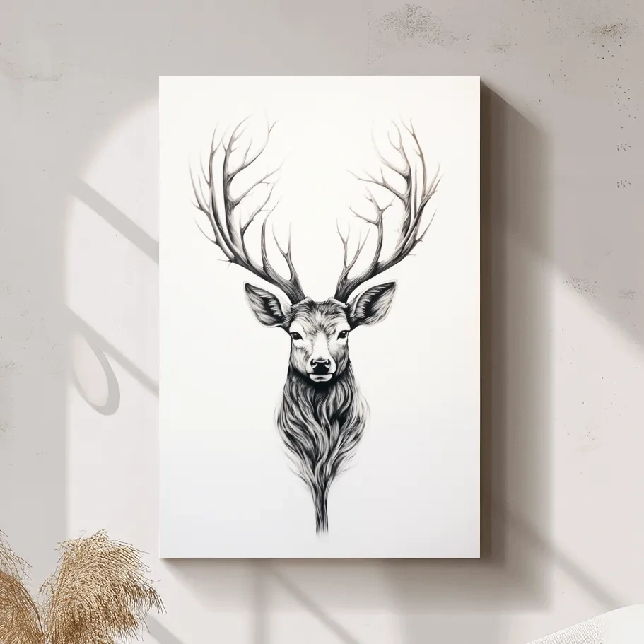 Minimalist Stag Head Line Drawing - Black And White Deer Tattoo  Artwork