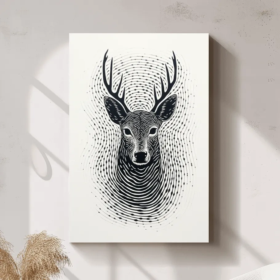 Psychedelic Deer Head Fingerprint Line Art - Black And White Wildlife Wall Art