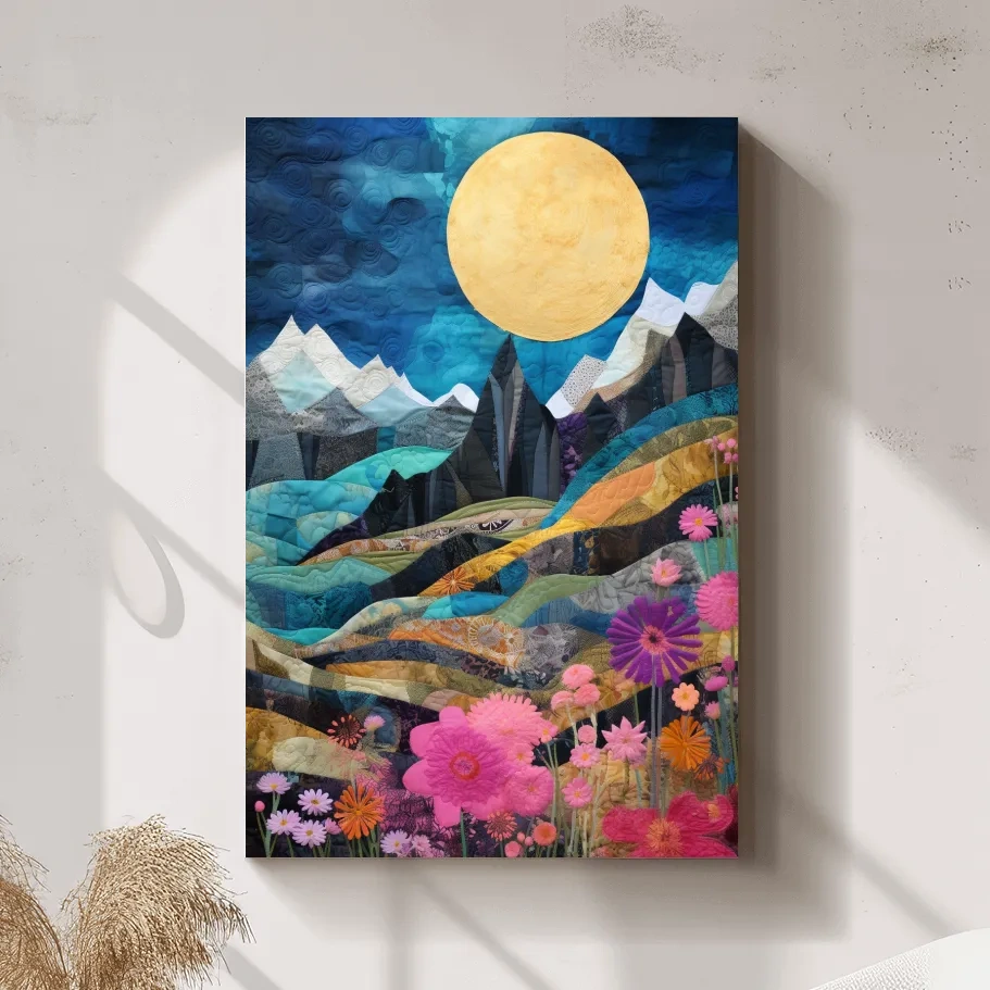 Quilted Wildflower Mountain Landscape - Colorful Patchwork Textile Style Wall Art