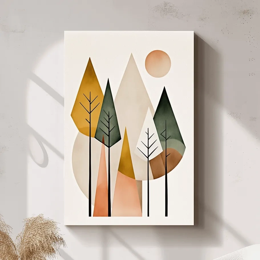 Minimalist Geometric Mountain Forest Artwork - Scandinavian Boho Wall Art