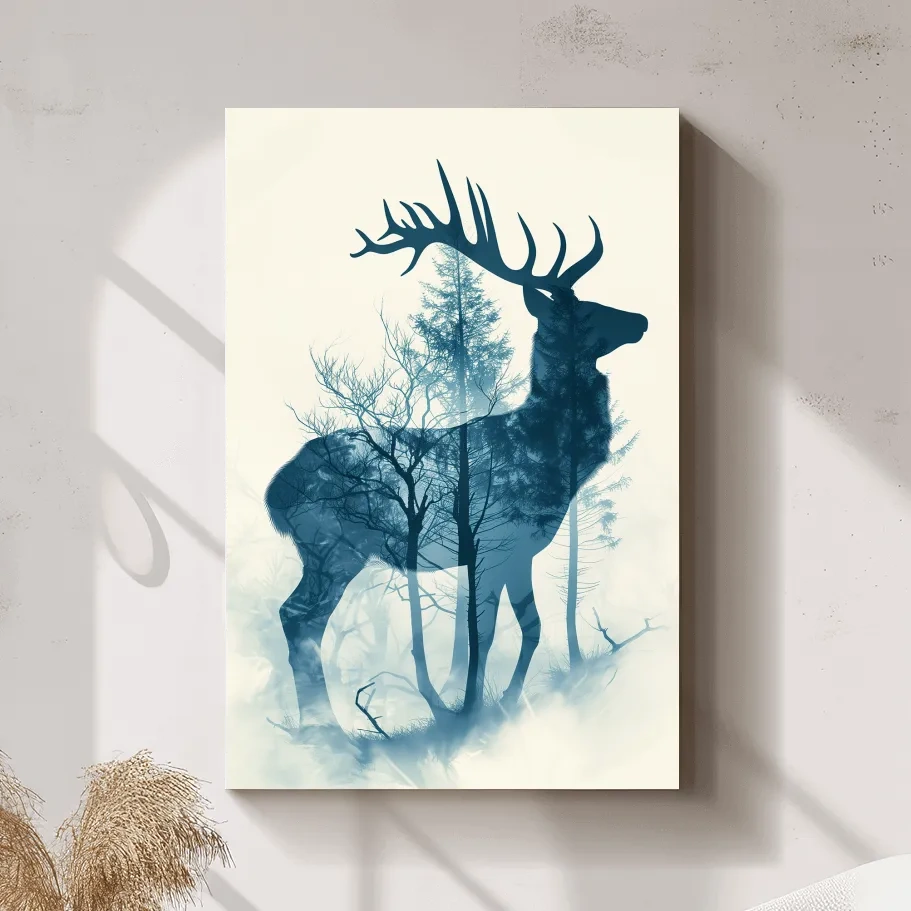 Moody Double Exposure Stag Silhouette - Misty Forest Wildlife Wall Art