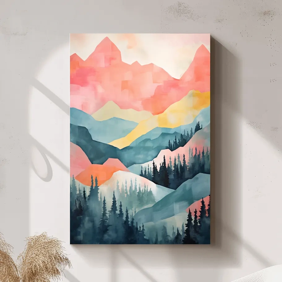 Abstract Watercolor Mountain Sunrise Landscape - Pastel Alpine Forest Wall Art