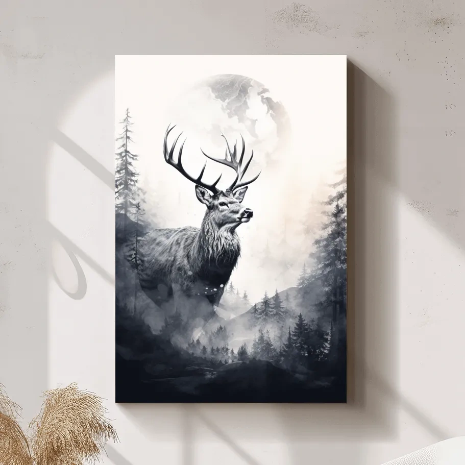 Deer and forest artwork drawing, double exposure style