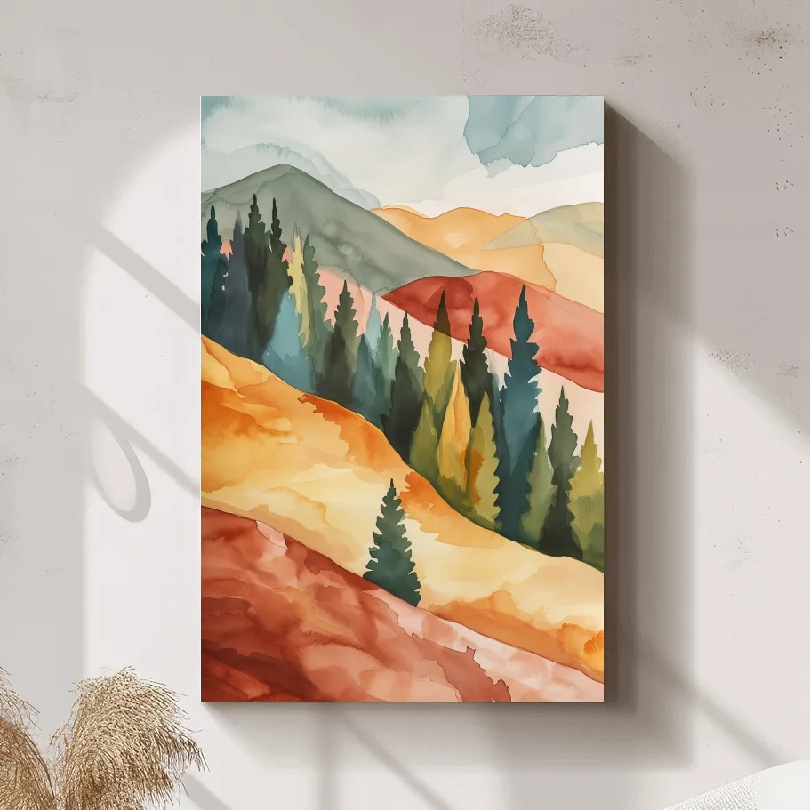 Rustic Autumn Watercolor Mountains & Pine Forest - Serene Abstract Landscape Wall Art