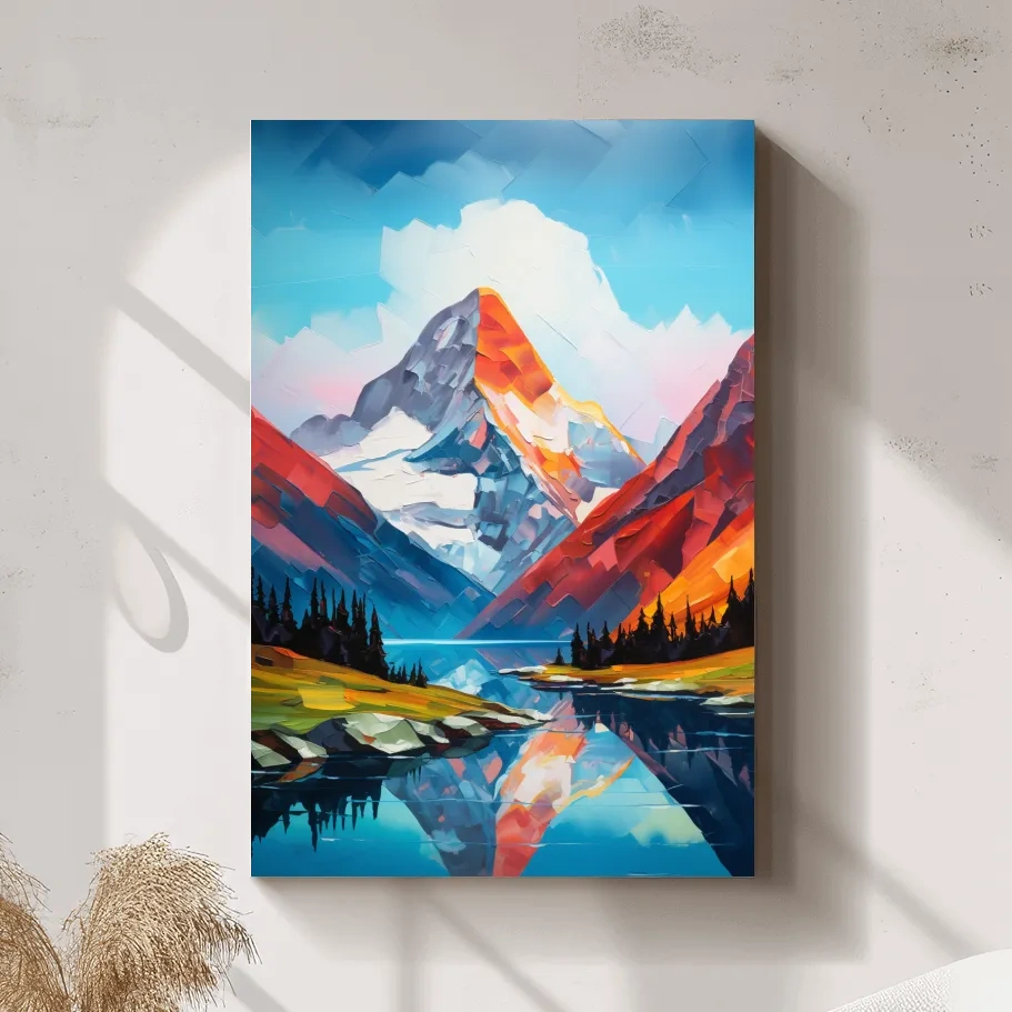 Alpine lake under a glacier, vibrant palette knife style impasto painting