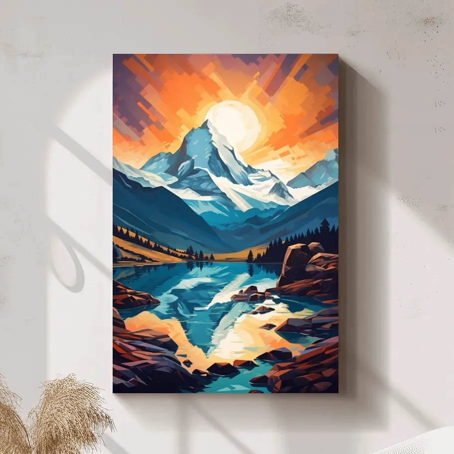 Vibrant Geometric Alpine Glacier Sunrise - Abstract Lake Landscape Wall Art