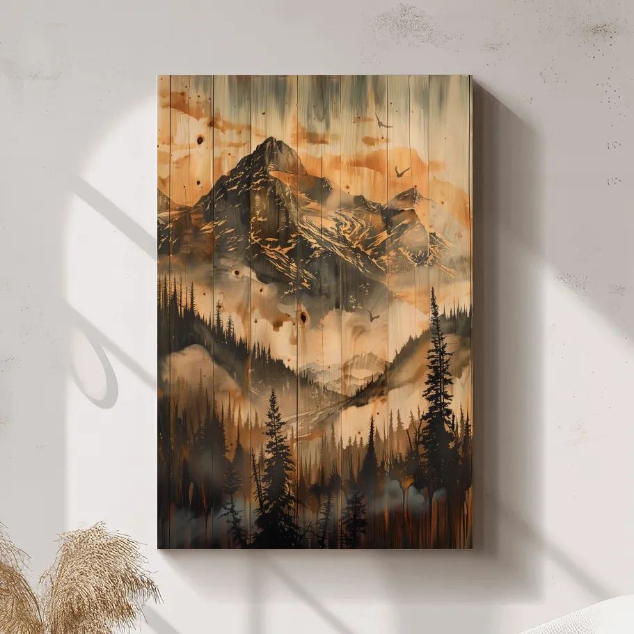 Mountain range wall art, wood panel effect, rustic cabin art, wood burning style