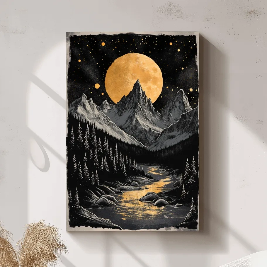 Moonlit alpine scene, dramatic glacier and moon artwork