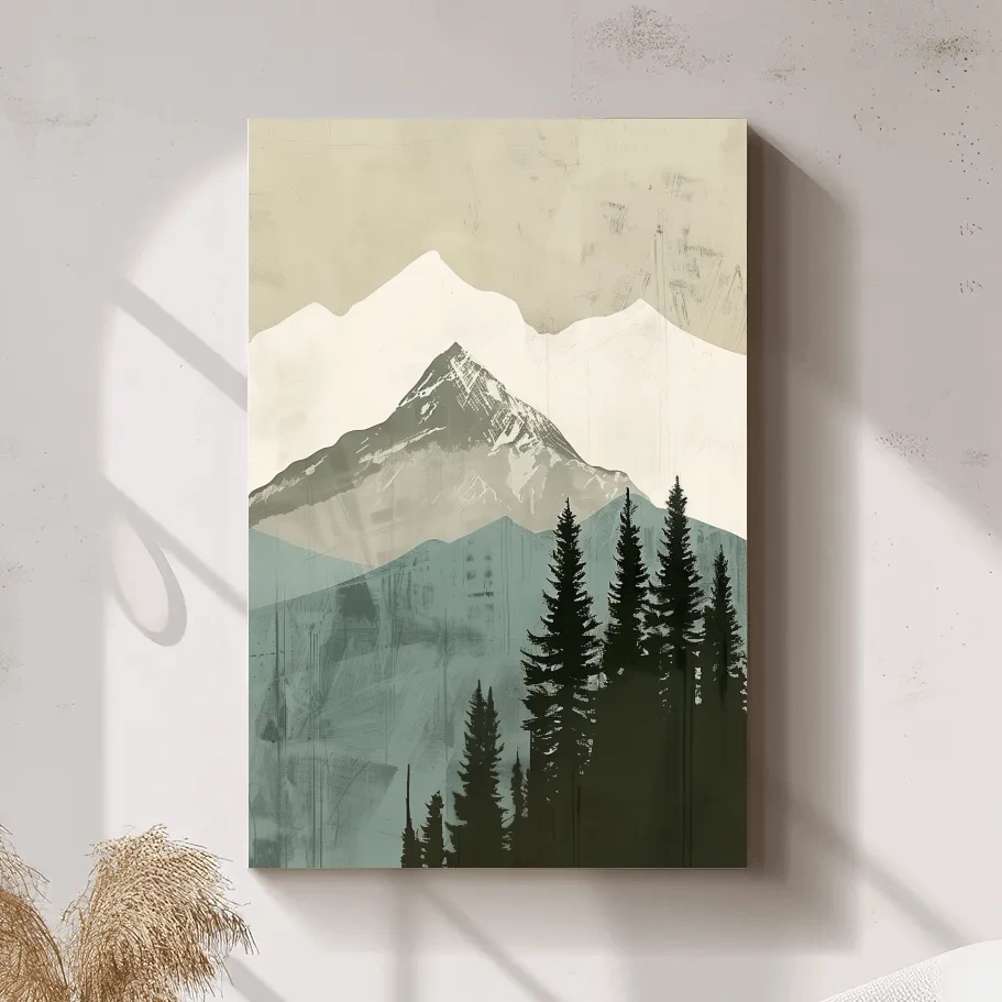 Minimal mountain artwork, scandinavian style glacier and forest art