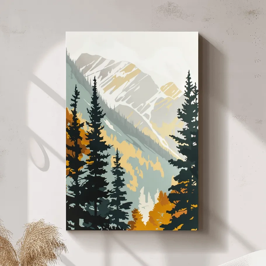 Scandinavian style minimal artwork, mountains through the forest