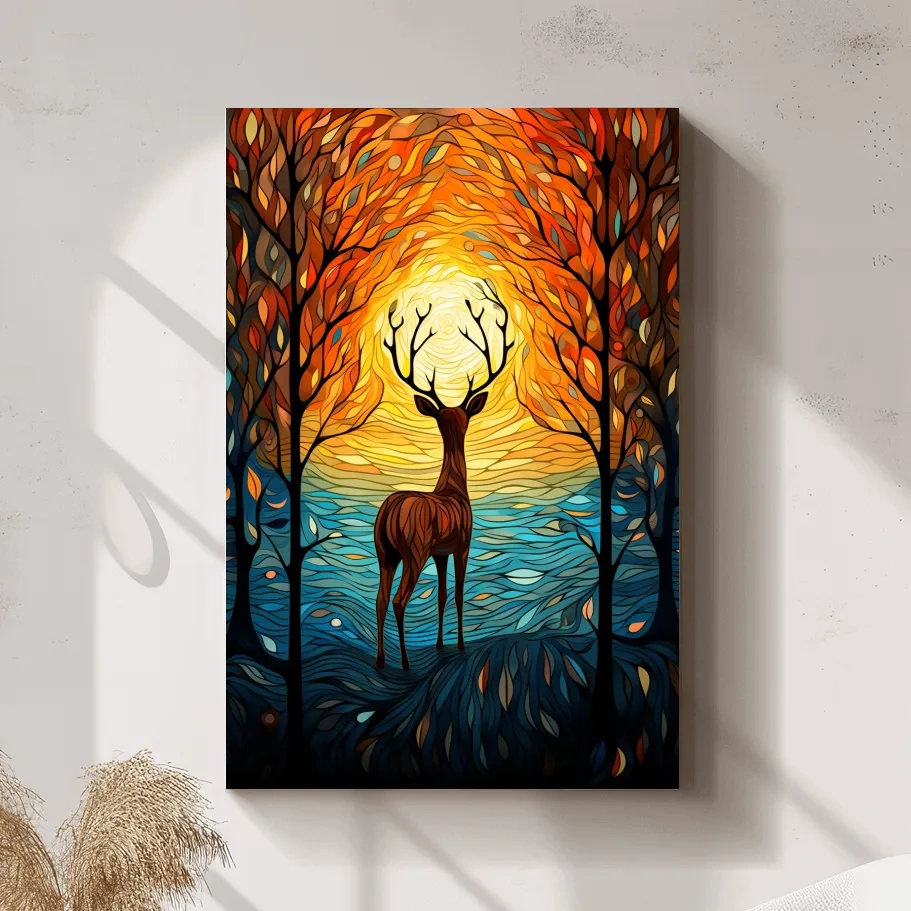 Deer in the forest at sunset, leadlight style artwork
