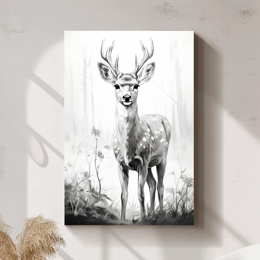 Minimalist Black And White Deer Sketch - Woodland Wildlife Wall Art