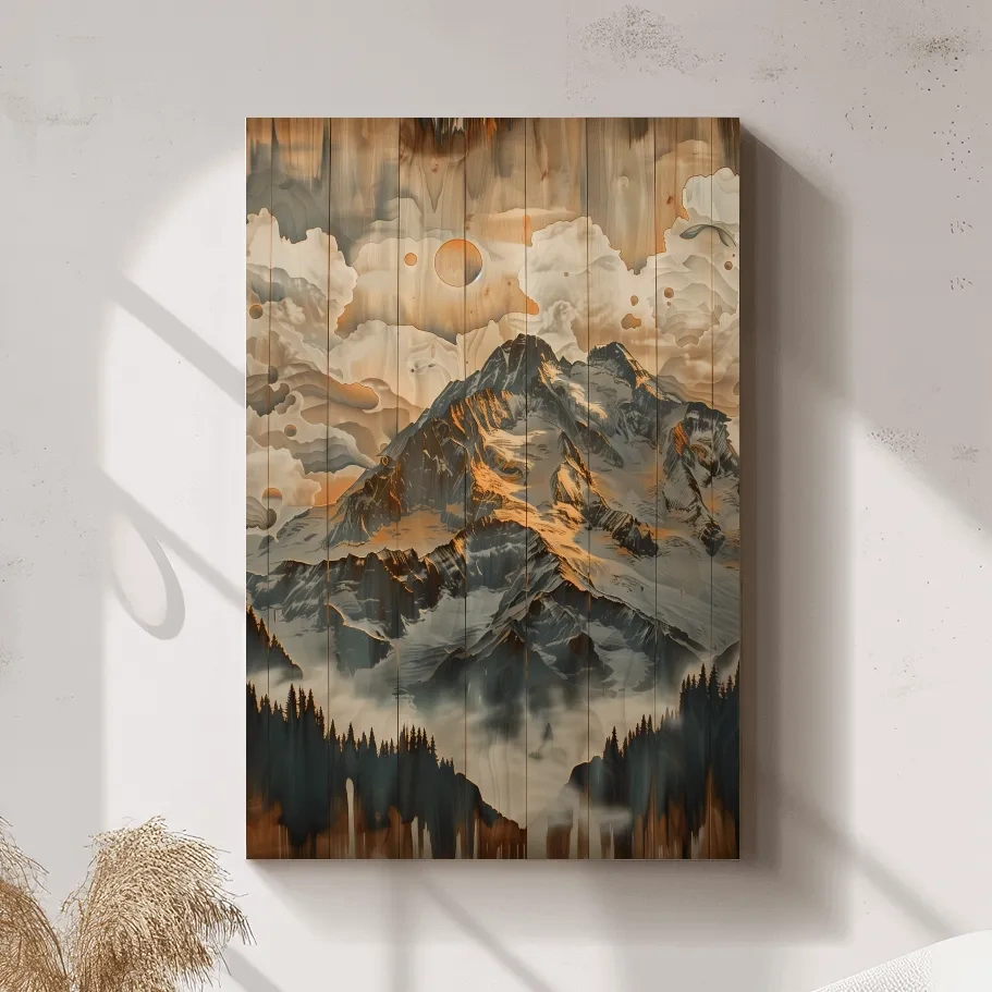 Rustic Glacier Mountain Range Artwork - Vintage Wood Grain Alpine Wall Art
