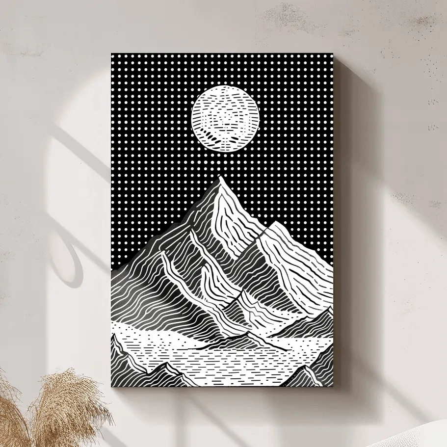 Glacier under the night sky, optical illusion linocut style mountain art
