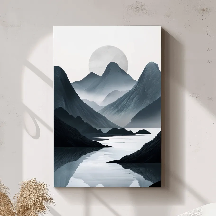 Black & white mountain artwork, view down a foggy valley and lake