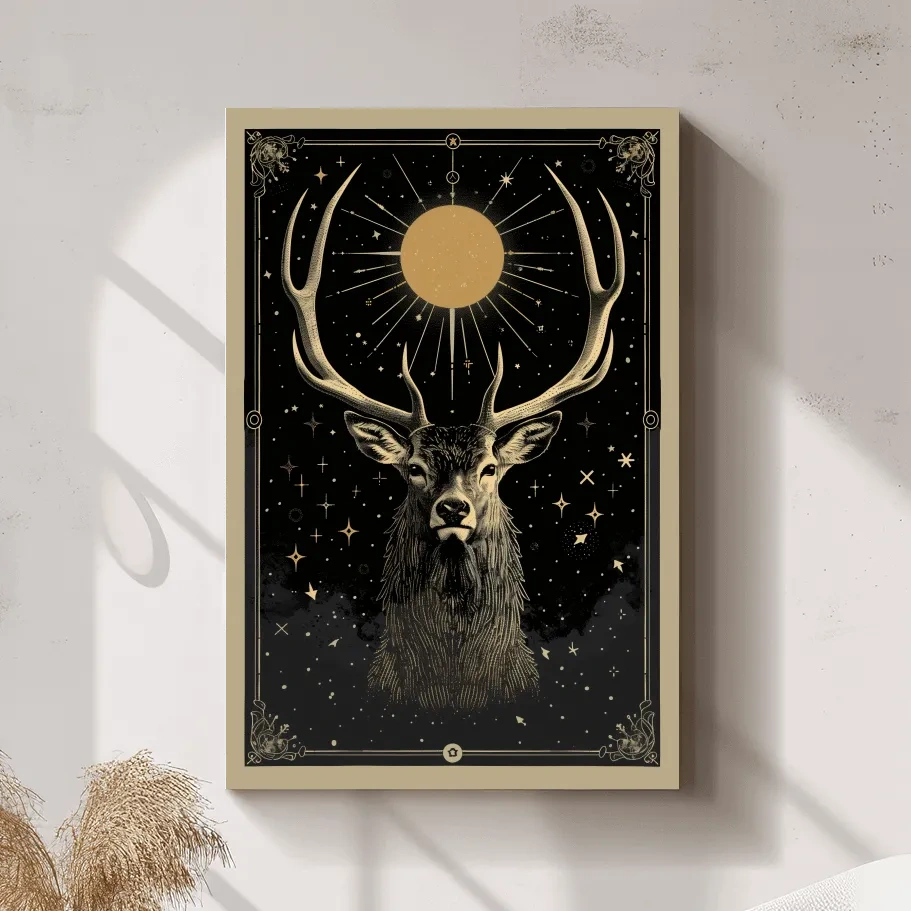 Elegant deer head under the night sky, tarot card style art