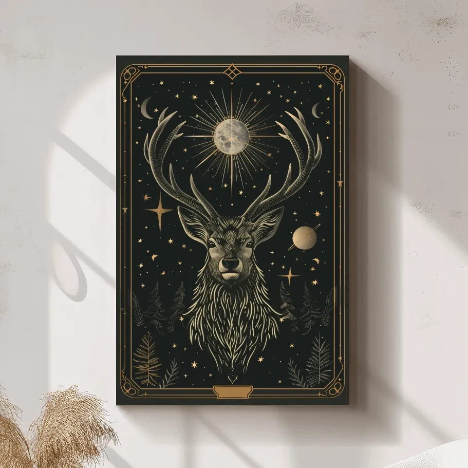 Elegant deer head tarot card style art, planetary solar system