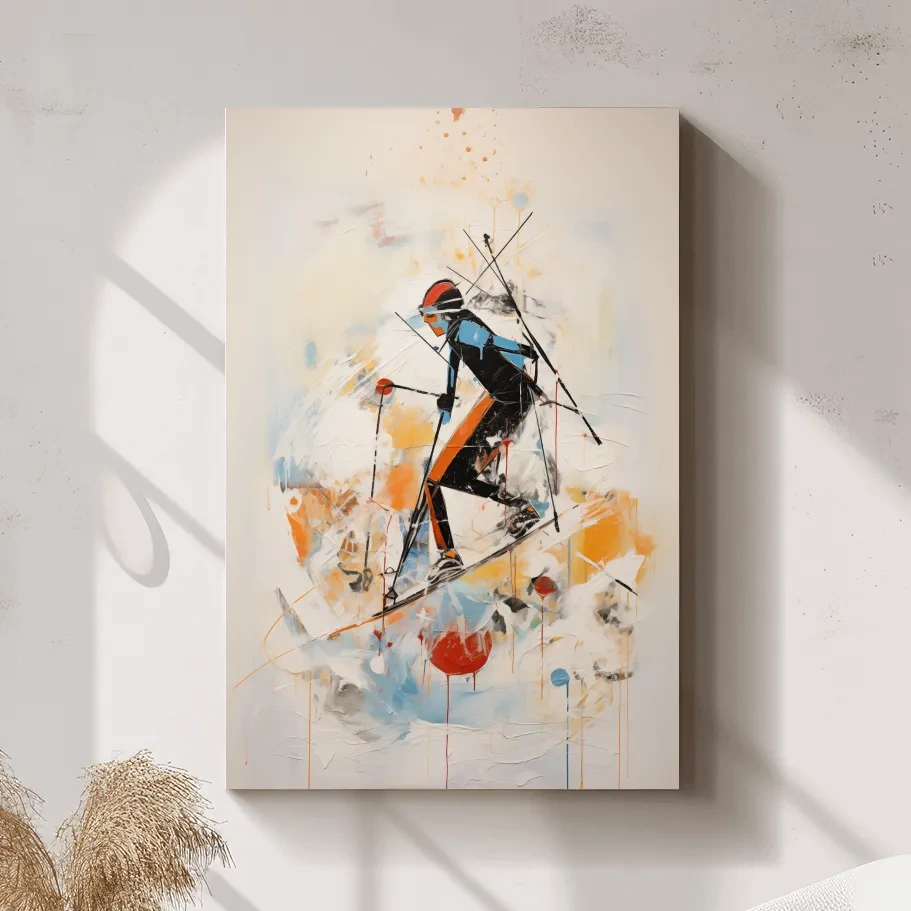 Skiing wall artwork, dynamic abstract painting of a skier