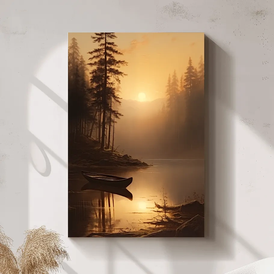Misty Golden Lake Sunrise With Canoe - Serene Pine Forest Mountain Landscape Wall Art