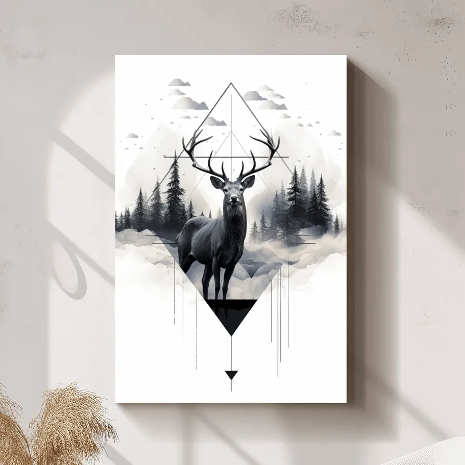 Tattoo inspired art, majestic deer in a misty forest
