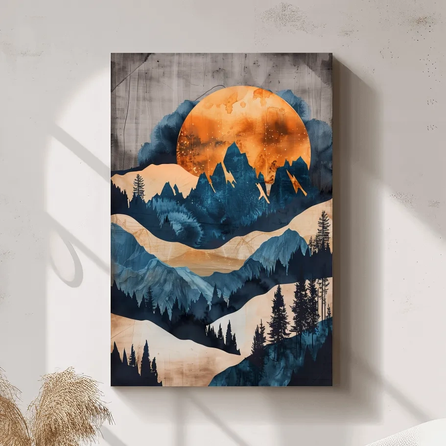 Moody Abstract Mountain Sunset - Forest Watercolor Wall Art
