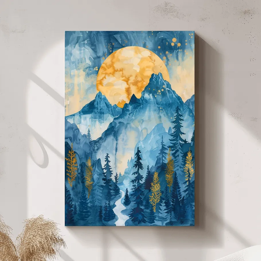 Abstract watercolour mountain painting at sunset