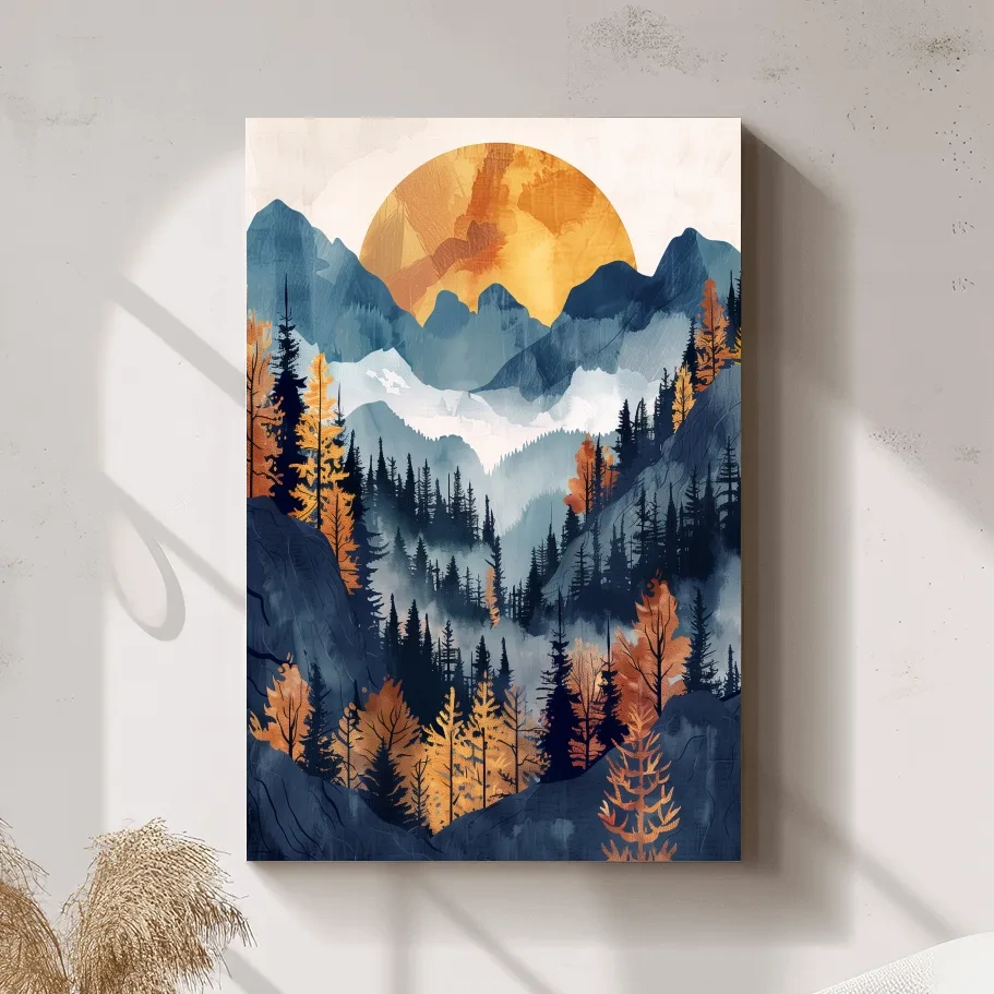 Foggy forest artwork, sunset over the mountains, textured watercolor style painting