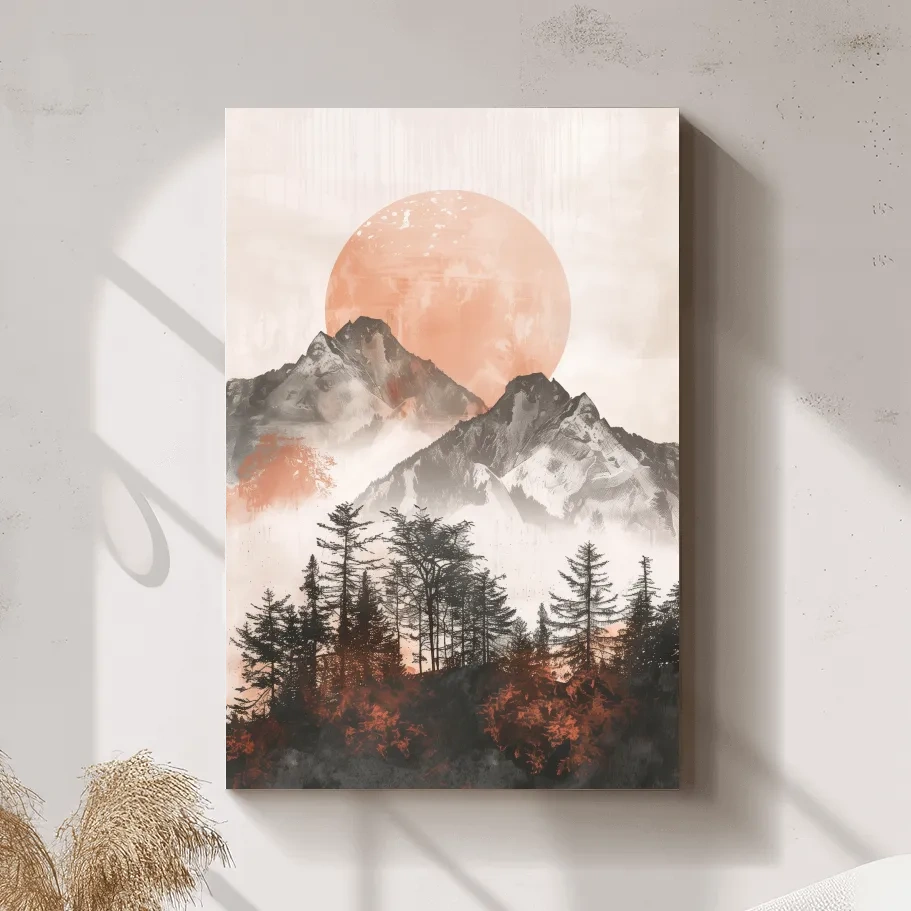 Japandi style boho wall art, sunset over an alpine forest, mountains & trees