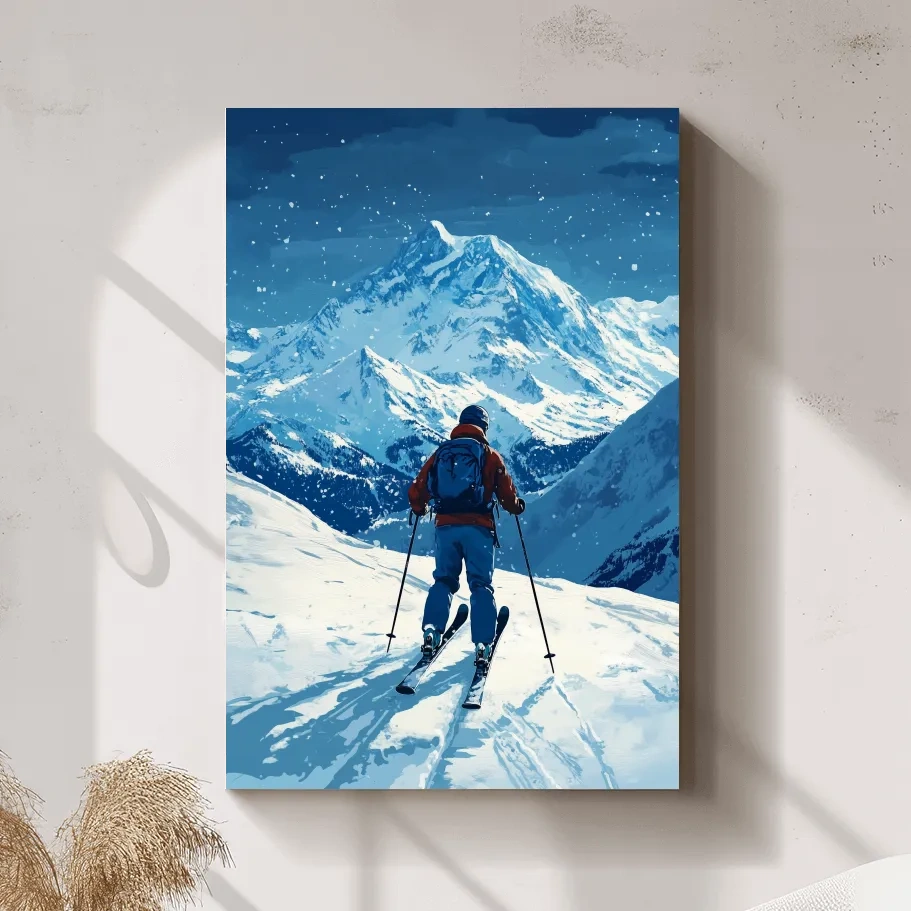 Painting of a backcountry skier in the snow, ski wall art
