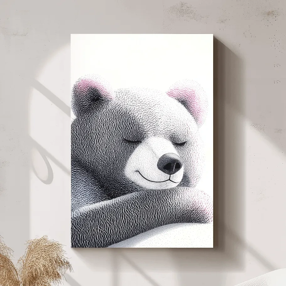 Cute Textured Teddy Bear Illustration - Minimalist Nursery Animal Wall Art