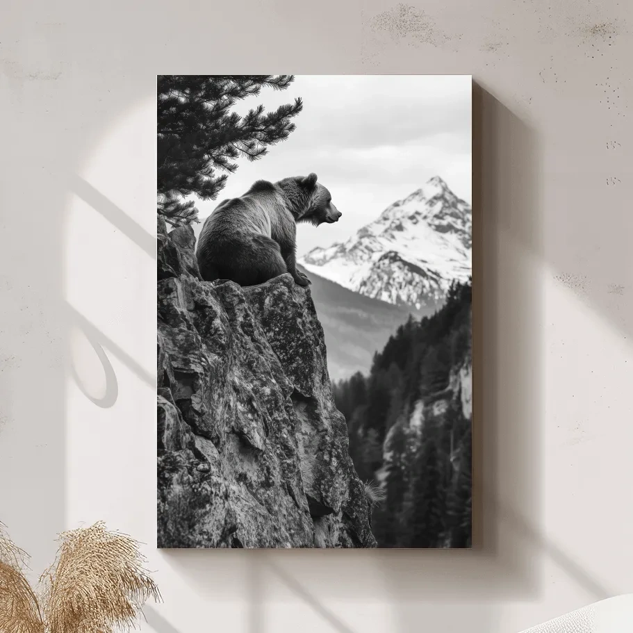 Grizzly bear taking in a mountain view, photographic wildlife wall art