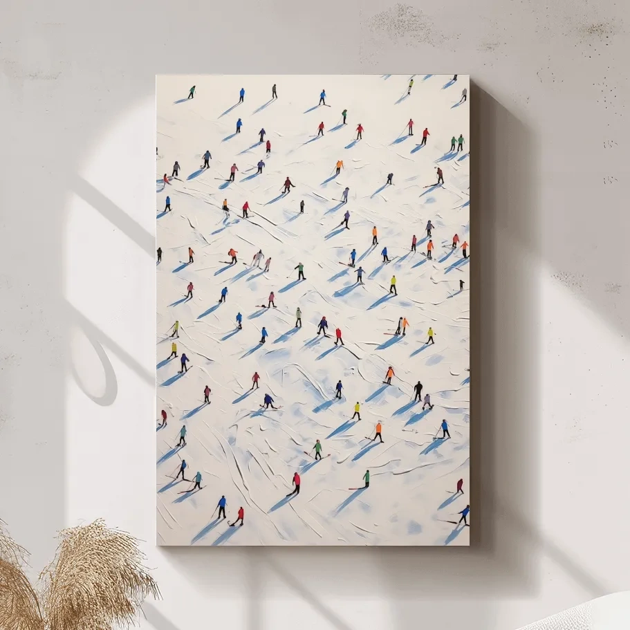 Lots of little skiers in a ski resort, textured painting effect